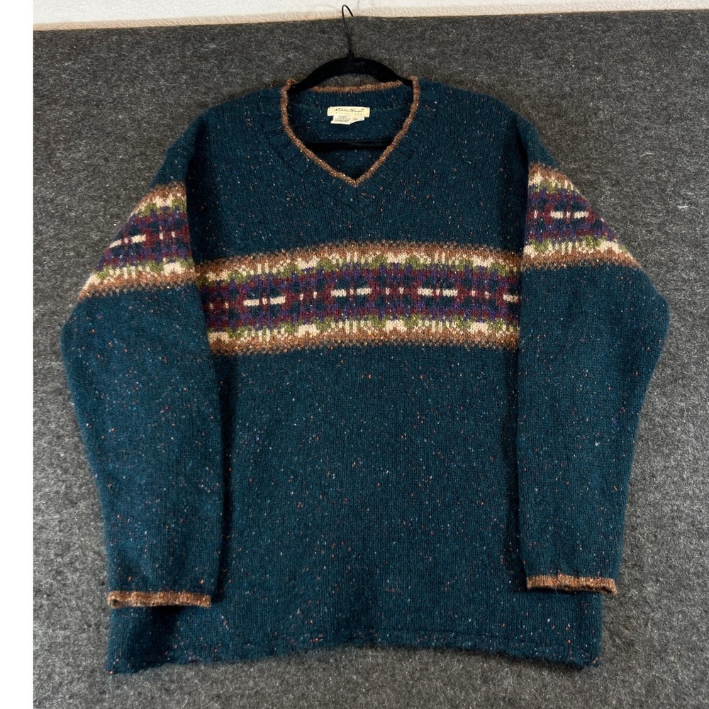 Vintage Eddie Bauer Teal Wool Blend Fair Isle V-Neck Sweater Womens Medium USA